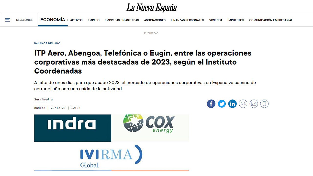 ITP Aero, Abengoa, Telefnica o Eugin, entre las operaciones corporativas ms destacadas de 2023, segn el Instituto Coordenadas
